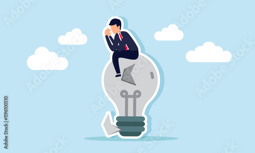 Businessman feeling disappointed and sad, sitting on a broken lamp, illustration of frustration in applying failed ideas due to irrelevance