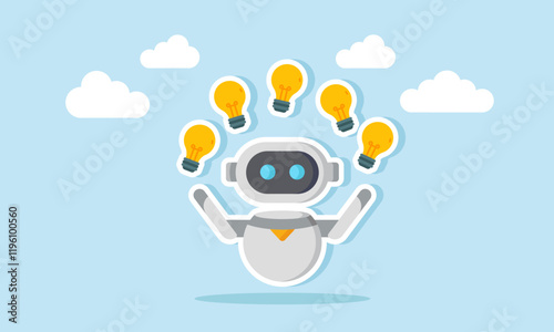 AI robot juggling several lamps, illustration of AI capable of providing multiple business idea alternatives