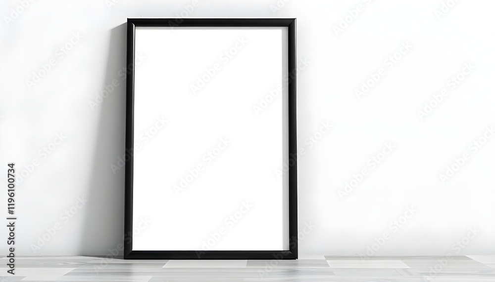 A vertical black frame mockup close-up against a wall, showcasing a clean and modern design in 3D render, ideal for displaying artwork or photographs A vertical black frame mockup close-up against a wall, showcasing a clean and modern design in 3D render, ideal for displaying artwork or photographs