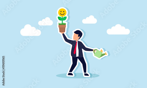 Businessman holding a blooming plant with a happy emoticon while carrying a watering tool in the other hand, illustration of pride in manage business psychology from market attention