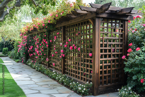 Decorative Lattice Fence in a Colonial Garden photo