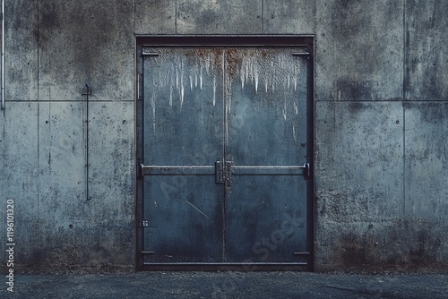 Rusty metallic door against a concrete wall with water streaks and aging features in an industrial setting. Generative AI