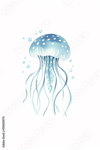 Watercolor jellyfish swimming in deep ocean with air bubbles