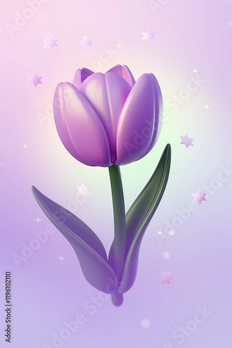 Purple tulip blooming with sparkling stars on a soft gradient background