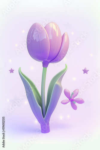 Glossy purple tulip blooming with small stars on light purple background