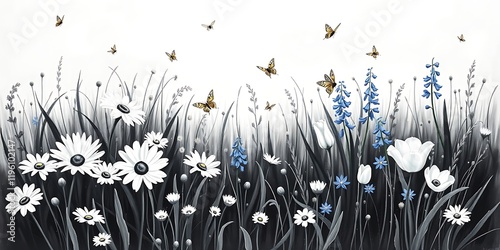 Bold classic black and white acrylic painting of a serene spring meadow with daisies, tulips, and bluebells. Butterflies and bees flit among the flowers under a bright sky. Timeless and elegant style,