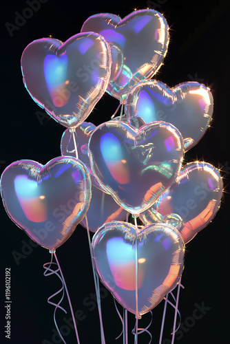 Bunch of holographic heart shaped balloons floating on black background