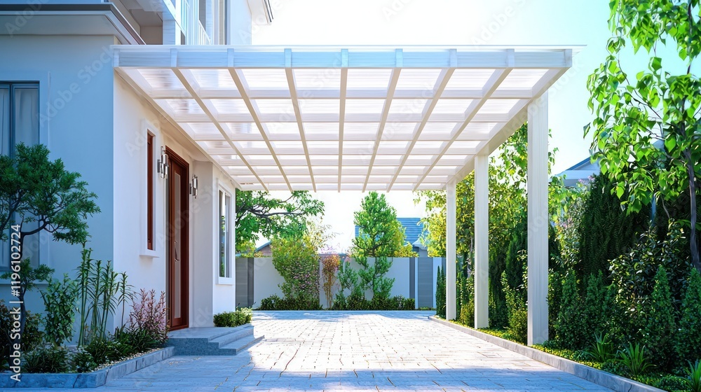 Fototapeta premium Modern carport with a paved driveway and landscaped surroundings.