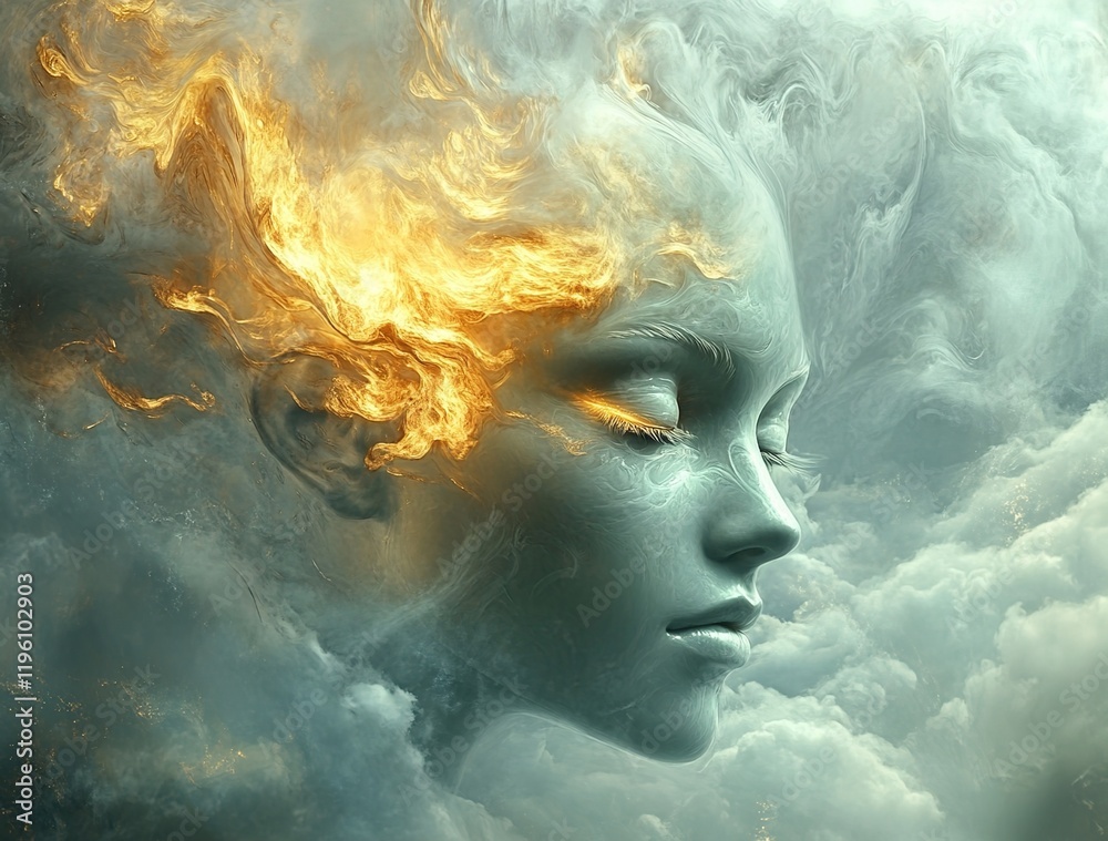 A humanoid face made of wind and fire, with smoke swirling around her head. She has long hair that flows in the air. A humanoid face made of wind and fire, with smoke swirling around her head. She has long hair that flows in the air.