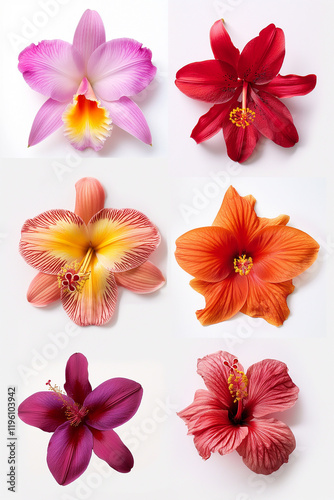 Studio shot of colorful tropical flowers showing vibrant colors