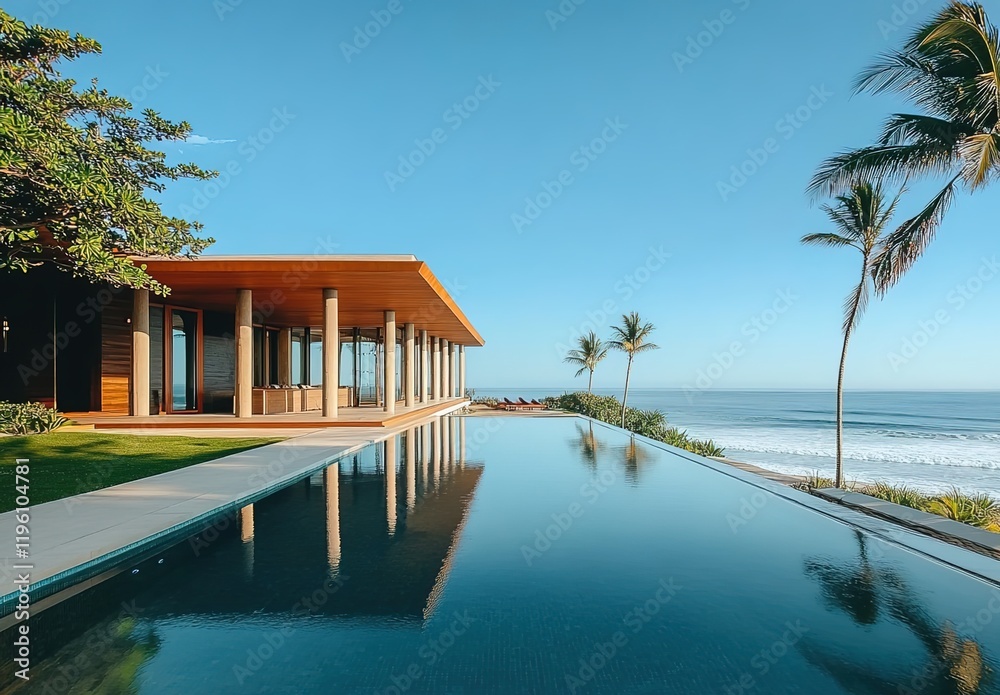 A luxurious beachfront villa with an infinity pool overlooking the ocean, surrounded by palm trees and grassy lawns under clear blue skies. A luxurious beachfront villa with an infinity pool overlooking the ocean, surrounded by palm trees and grassy lawns under clear blue skies.