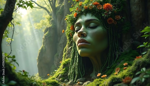 The Green Goddess of the Forest: A Digital Painting of Tranquility and Nature's Embrace photo