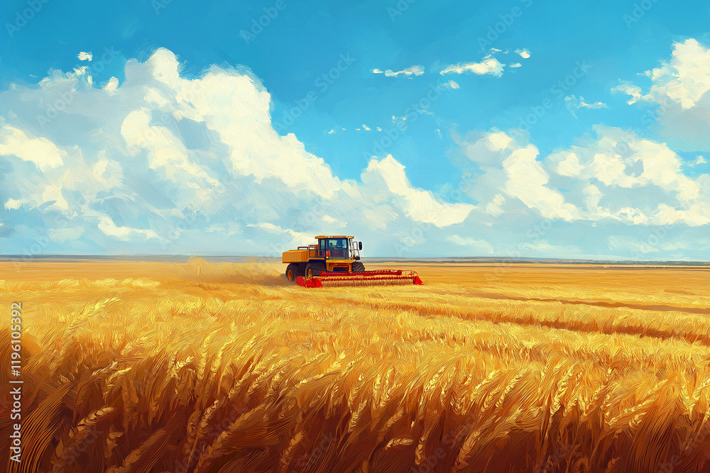 Harvester Collecting Ripe Wheat on Vast Agricultural Fields Harvester Collecting Ripe Wheat on Vast Agricultural Fields
