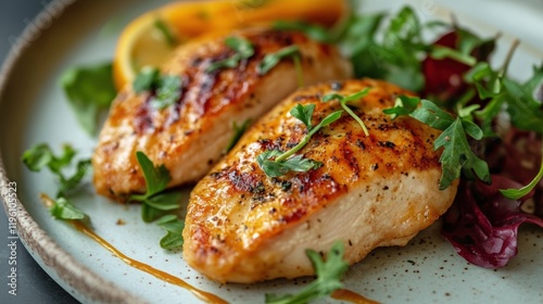 Close up of deliciouse fried chicken breast on a plate photo