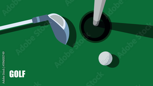 Top view of golf equipment on court. Golf club, ball, and hole on green grass field. Minimalist golf scene. Flat design vector background illustation