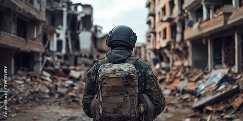 A photograph of a reporter wearing a helmet , standing in front of destroyed buildings after a war