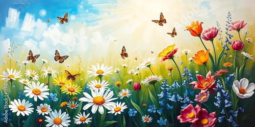 Ethereal spiritual vibe bold acrylic painting depicting a serene spring meadow with vibrant daisies, tulips, and bluebells. Butterflies and bees flit among the flowers under a bright sky.