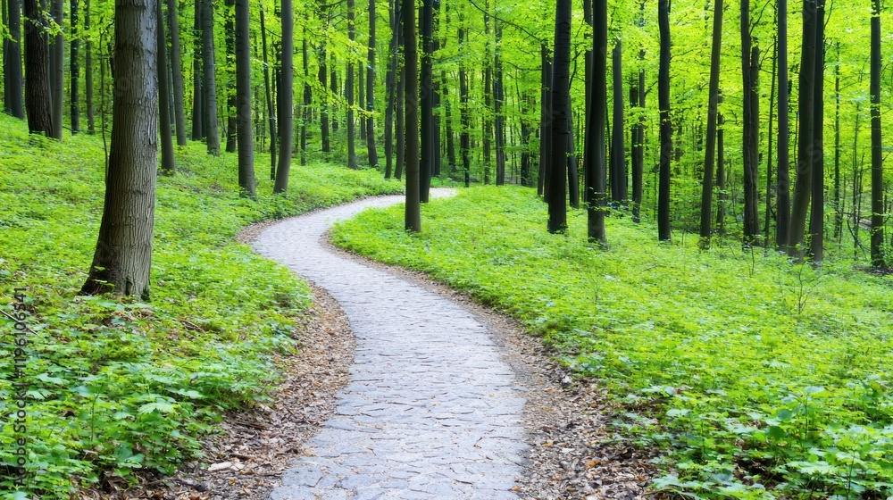 Fototapeta premium Serene winding path through a lush green forest.