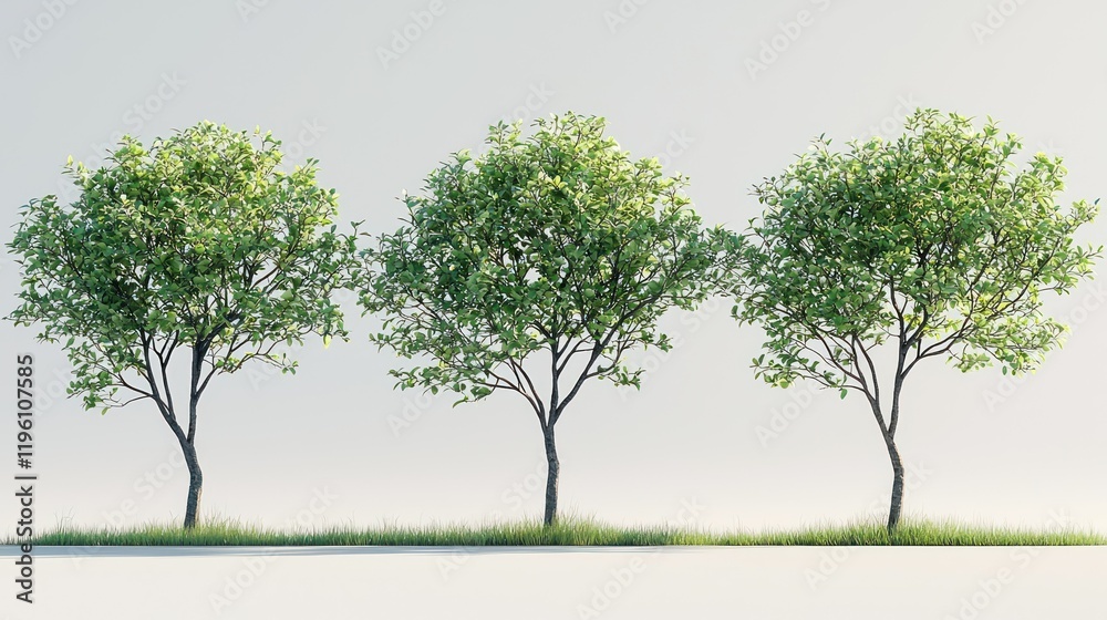 Three Lush Green Trees in a Row, Rendered on a White Background Three Lush Green Trees in a Row, Rendered on a White Background