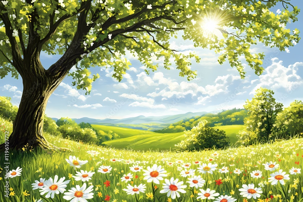 Fototapeta premium Spring Meadow Landscape Painting