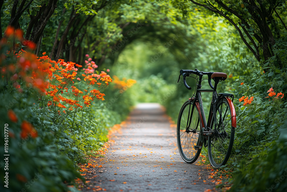Fototapeta premium Bicycle Gliding Along a Scenic Trail Surrounded by Lush Greenery