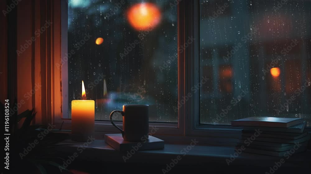 Rain and raindrops flowing on a glass window and relaxing rain sound ASMR, night rainy scenery with candles, books and coffee on the desk
