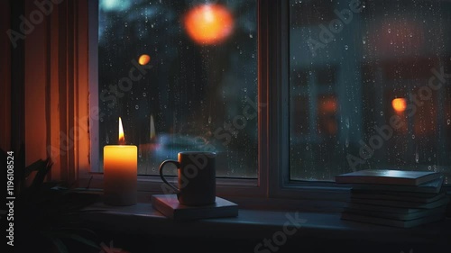 Rain and raindrops flowing on a glass window and relaxing rain sound ASMR, night rainy scenery with candles, books and coffee on the desk
