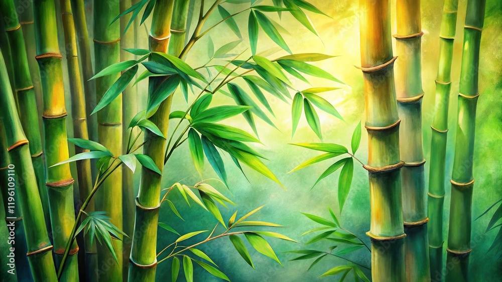 Obraz premium Vibrant Watercolor Bamboo Painting, High-Detail Close-up Stock Photo