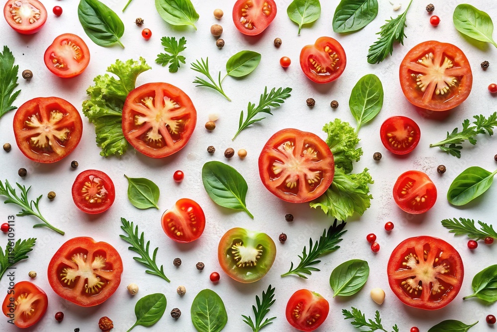 Vibrant Tomato & Lettuce Salad Background: Flat Lay Vegetable Pattern Vibrant Tomato & Lettuce Salad Background: Flat Lay Vegetable Pattern