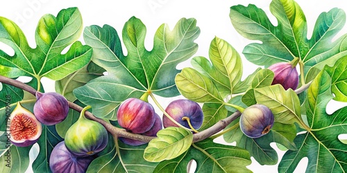 Watercolor Fig Leaf Design on White, Landscape Photography Background for Creative Projects