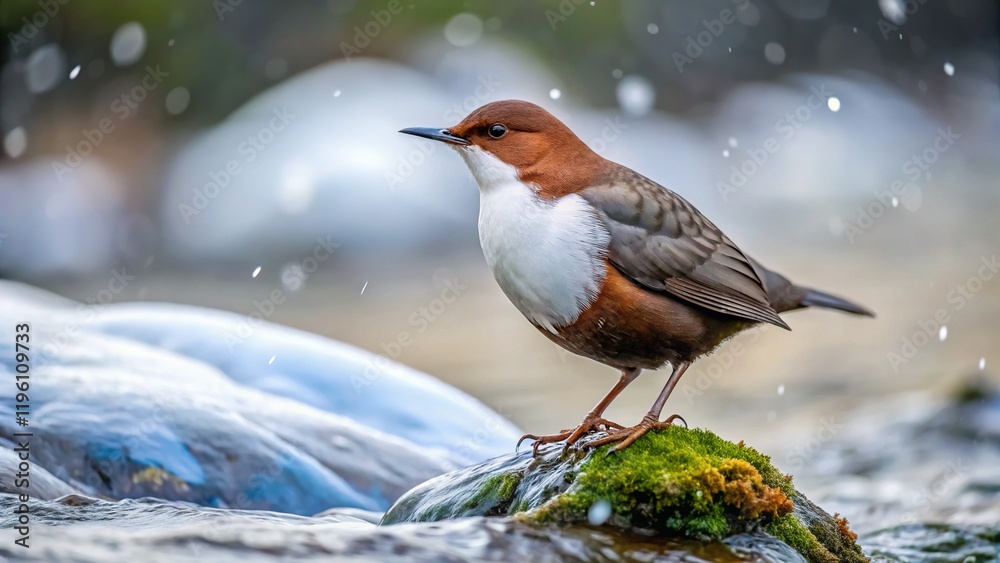 White-throated Dipper Foraging on Rock in Winter - Wildlife Stock Photo White-throated Dipper Foraging on Rock in Winter - Wildlife Stock Photo