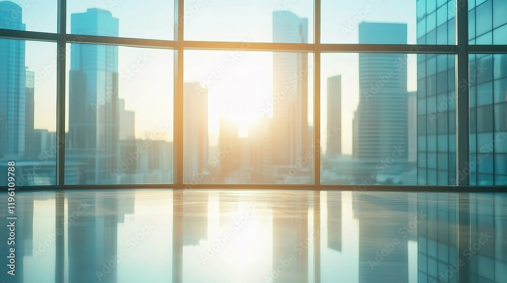 Fototapeta premium Modern Office Meeting Room with Sunlight and City View in Morning