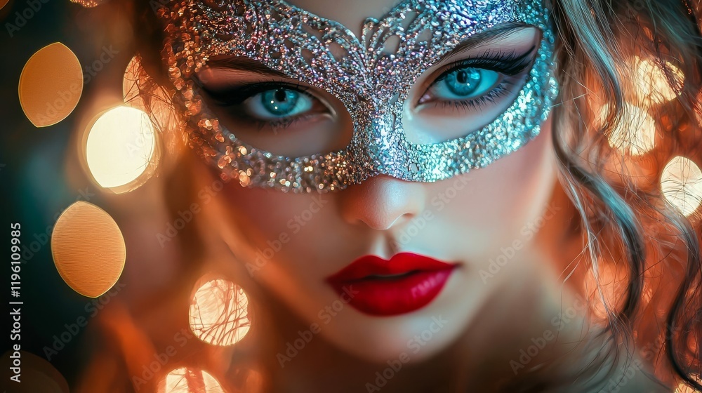A captivating woman wearing a sparkling mask, highlighted by glowing lights, with striking blue eyes and bold red lips. A captivating woman wearing a sparkling mask, highlighted by glowing lights, with striking blue eyes and bold red lips.