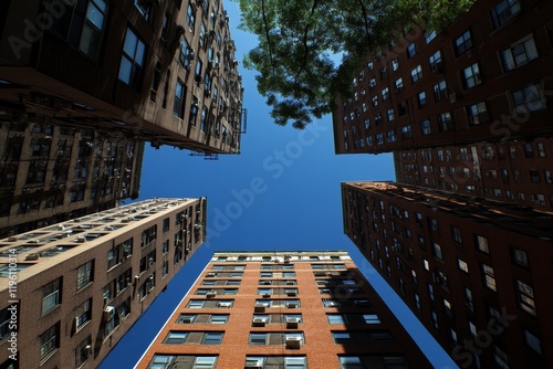 Low angle view of four tall buildings against a clear blue sky. photo