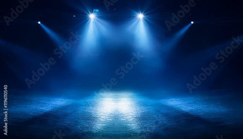 Moody blue stage lights illuminate a dark  reflective surface.