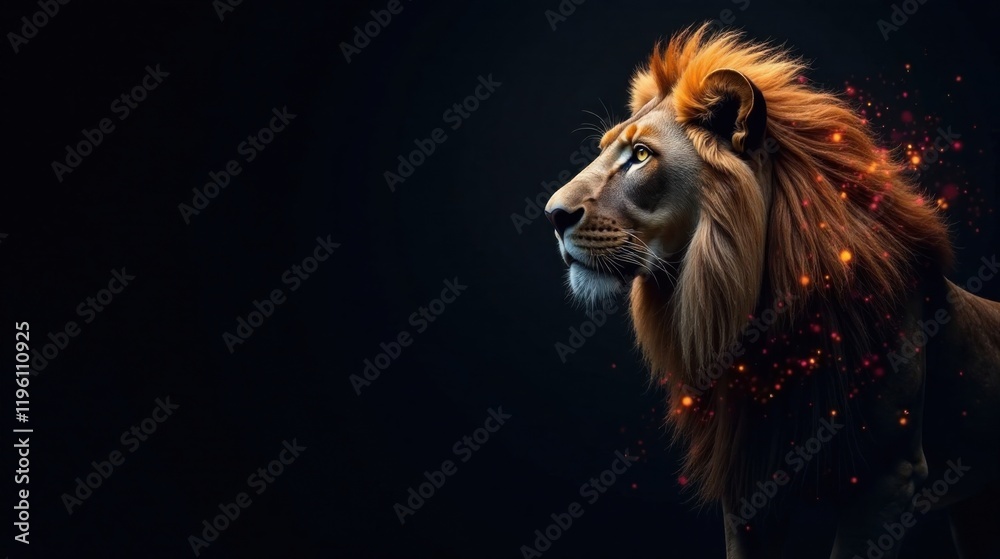 Naklejka premium Majestic Lion Profile, Ember-Lit Mane Against Dark Background, Symbol of Strength and Power