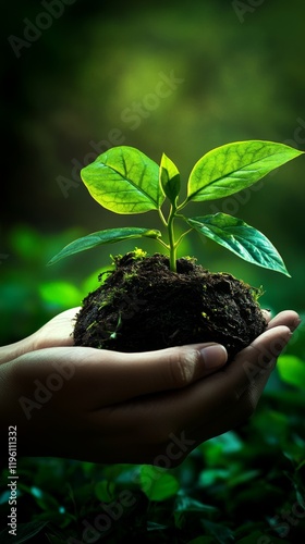 On World Environment Day, business hands unite to hold a green plant, symbolizing corporate and community cooperation for sustainable development goals, promoting green business practices, ESG