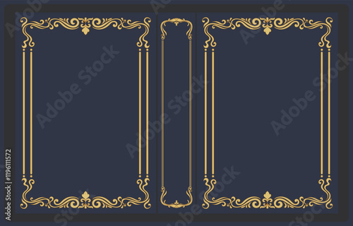 Front and back book covers for cardboard, decorated with a vintage gold frame, blue texture.
