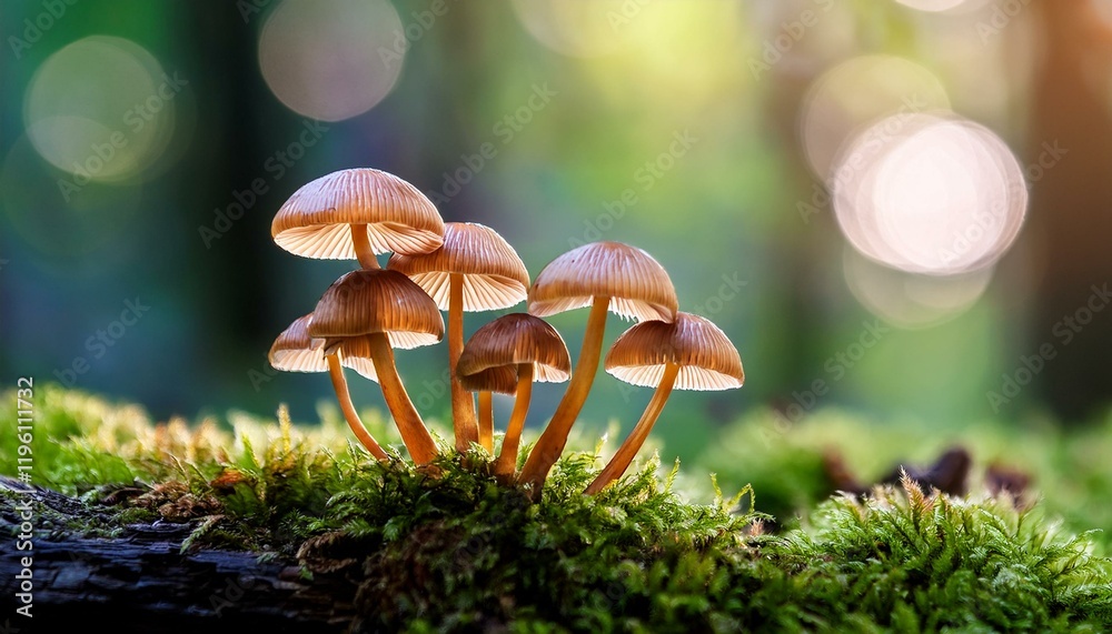 Fototapeta premium Cluster of mushrooms growing on moss in a forest.