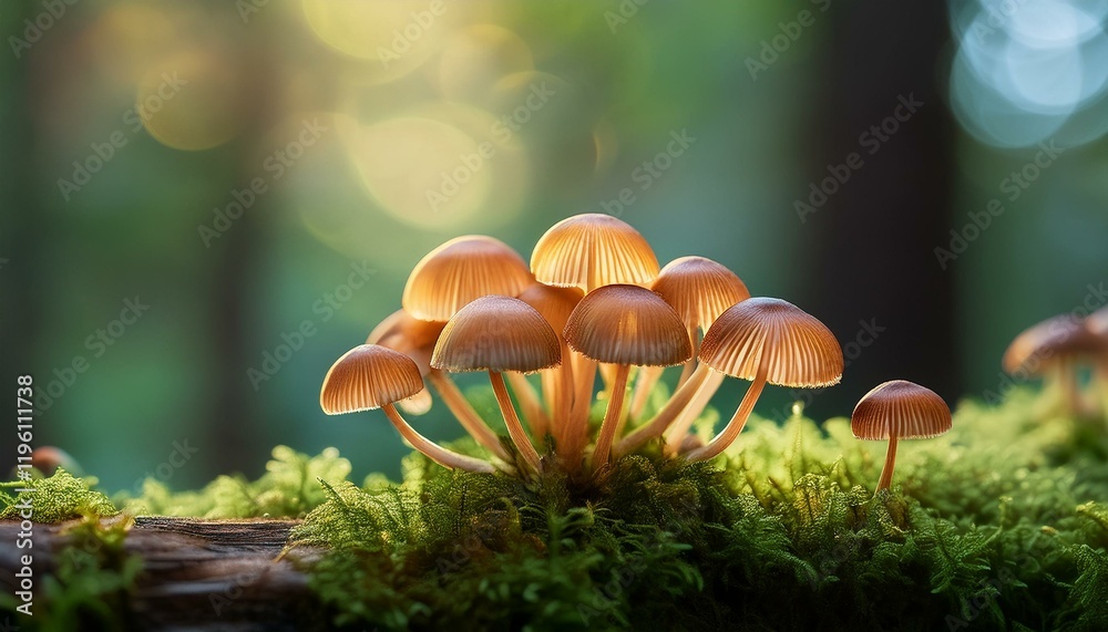Fototapeta premium Cluster of small mushrooms in a forest, bathed in sunlight.