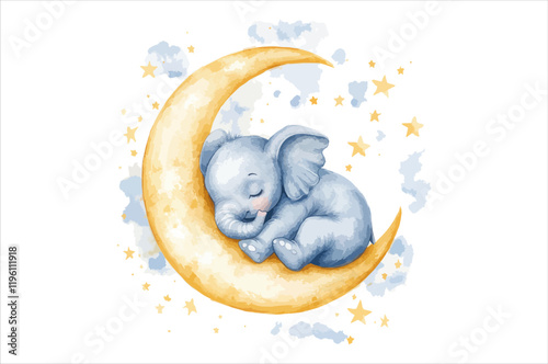 A small adorable elephant curled sleeping on the crescen moon with star.