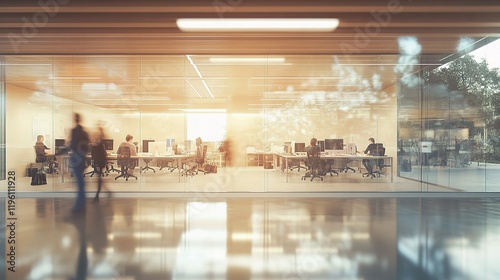 Blurred Office View with People Working Behind Glass Walls
