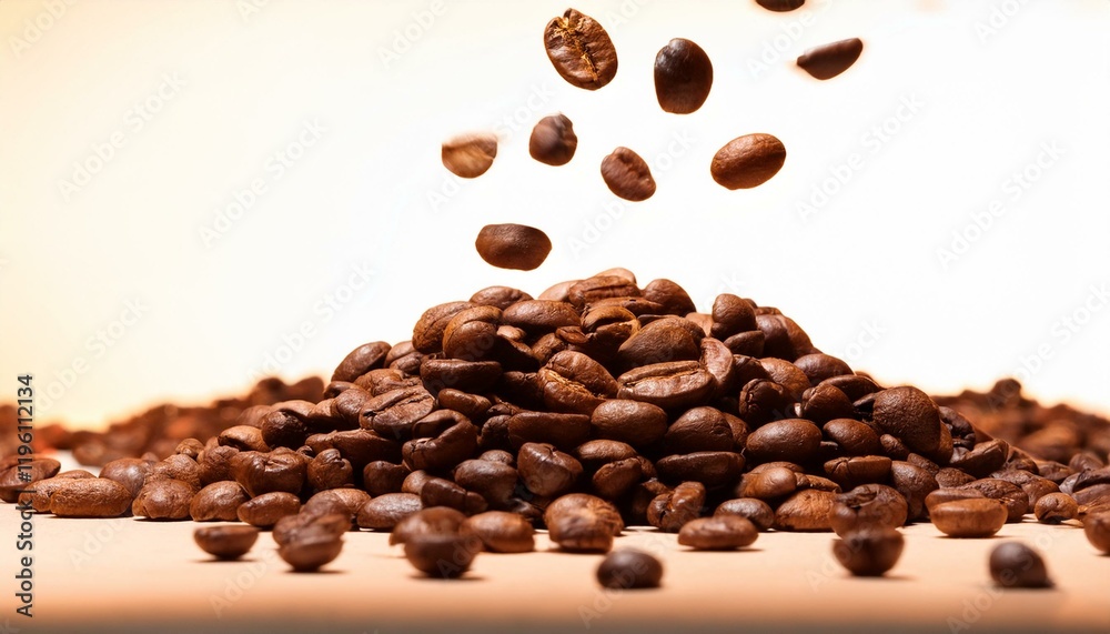 Obraz premium Roasted coffee beans falling onto a pile.