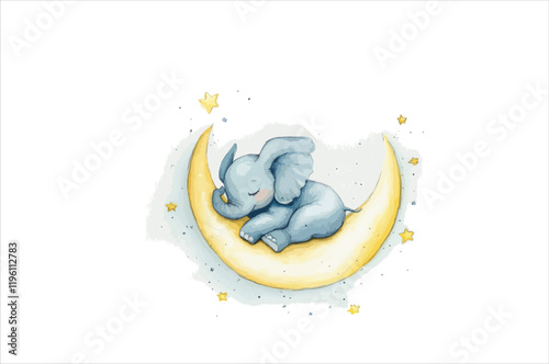 A small adorable elephant curled sleeping on the crescen moon with star. photo