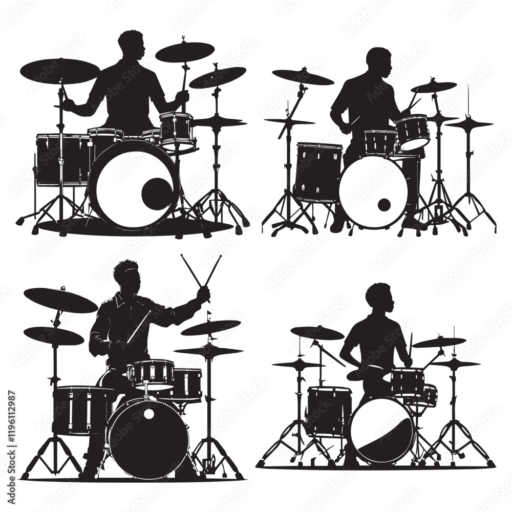 Fototapeta premium set of black drummer musician drumming drums vector silhouettes isolated on white background