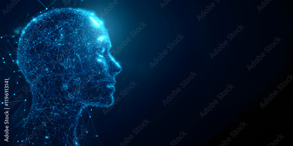 Obraz premium Abstract illustration of AI visualization. dark blue background. a face consisting of glowing digital lines and dots. artificial intelligence. technology and data network. futuristic atmosphere
