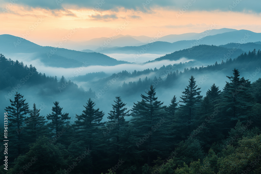Obraz premium Ridges of juniper mist at daybreak, creating a mystical and serene mountain view