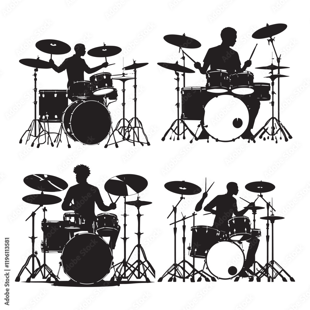 Fototapeta premium set of black drummer musician drumming drums vector silhouettes isolated on white background