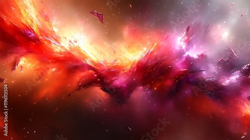 Fiery cosmic nebula with vibrant red and pink hues.