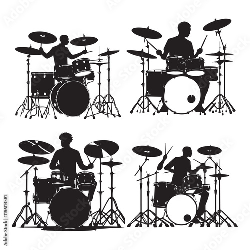 set of black drummer musician drumming drums vector silhouettes isolated on white background